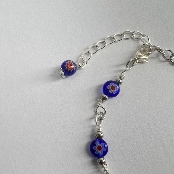 Handmade Millefiori Glass Bracelet Set with Lobster Clasp Silver. Blue Red - Picture 6 of 7